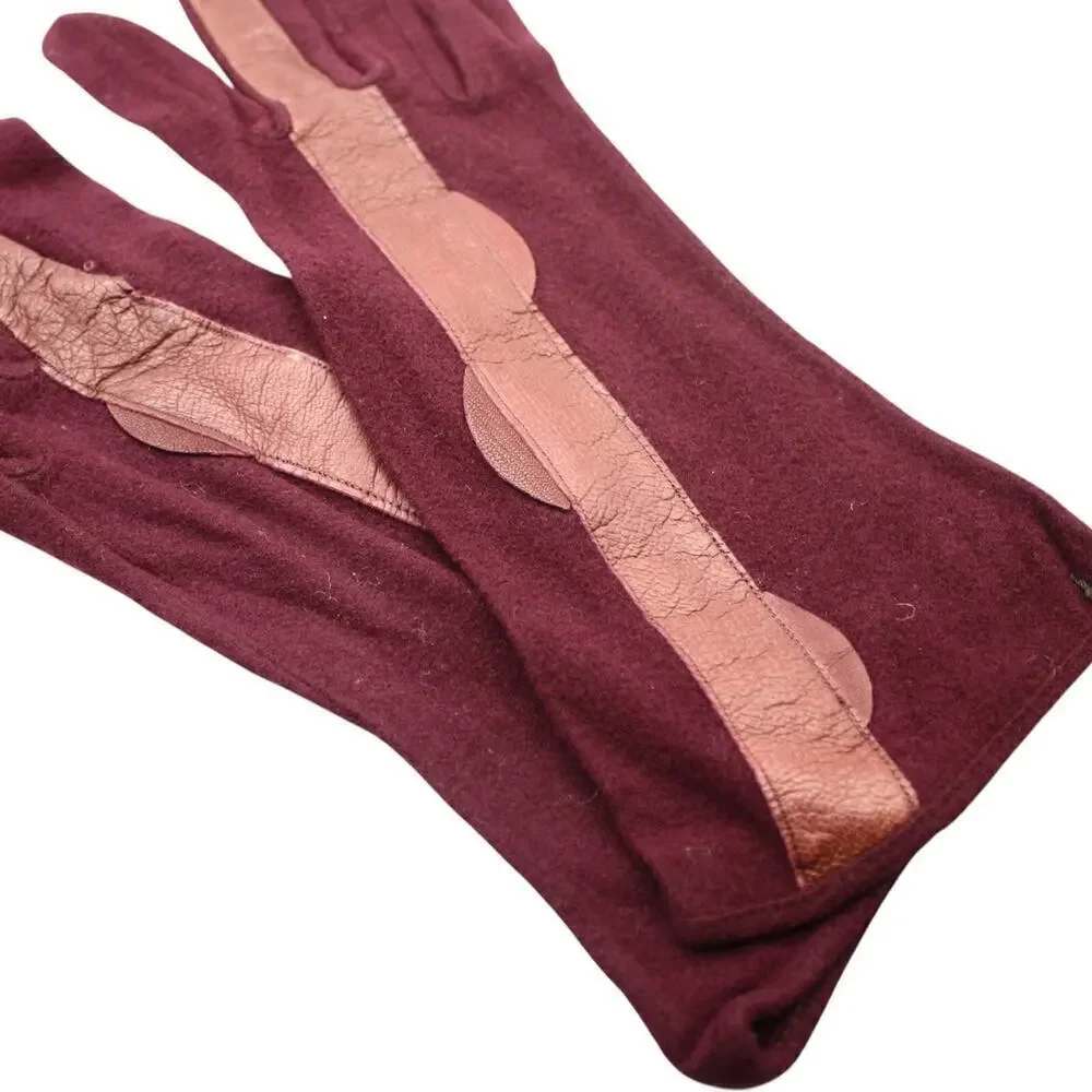 Vintage Gloves Burgundy Rayon w Leather Applique Wrist Length Sz 6 1/2 - Hey Viv